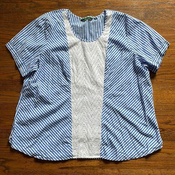 C Wonder Blue and White Striped Eyelet Short Sleeve Top - Picture 1 of 5